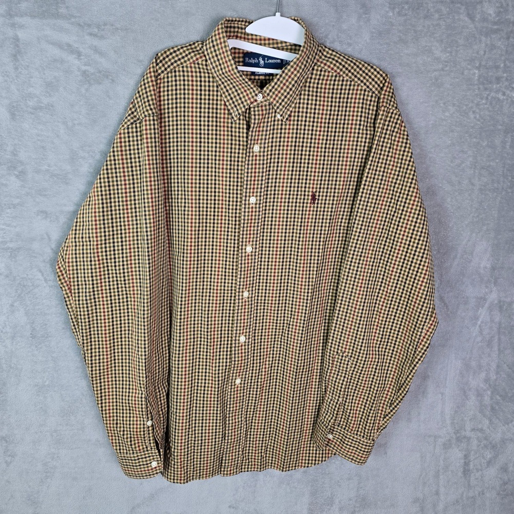 Ralph Lauren Mens XL Classic Fit Cotton Check Button Down Shirt Tan Green Plaid